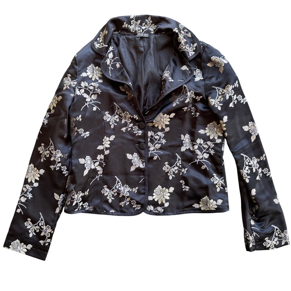 Vintage Floral Embroidered Satin Blazer Black Silver Gold Evening Jacket Large